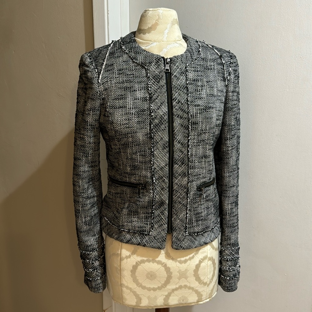 Banana Republic Moto Tweed Black White Lined Zip Up Collarless Chic Jacket 2